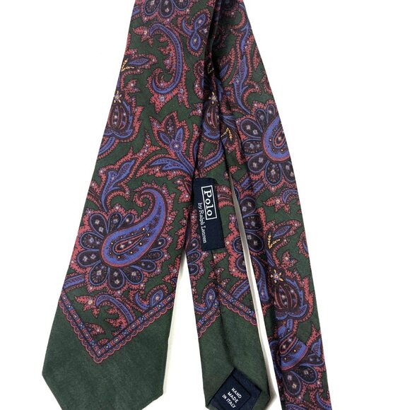 Vintage Polo Ralph Lauren Tie Dark Green Silk Paisley Handmade Italy Classic - Picture 2 of 9